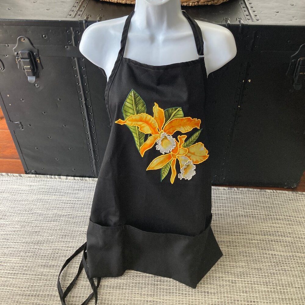 KNG Black Hand Painted Long Kitchen Apron with Pockets and Adjustable Straps